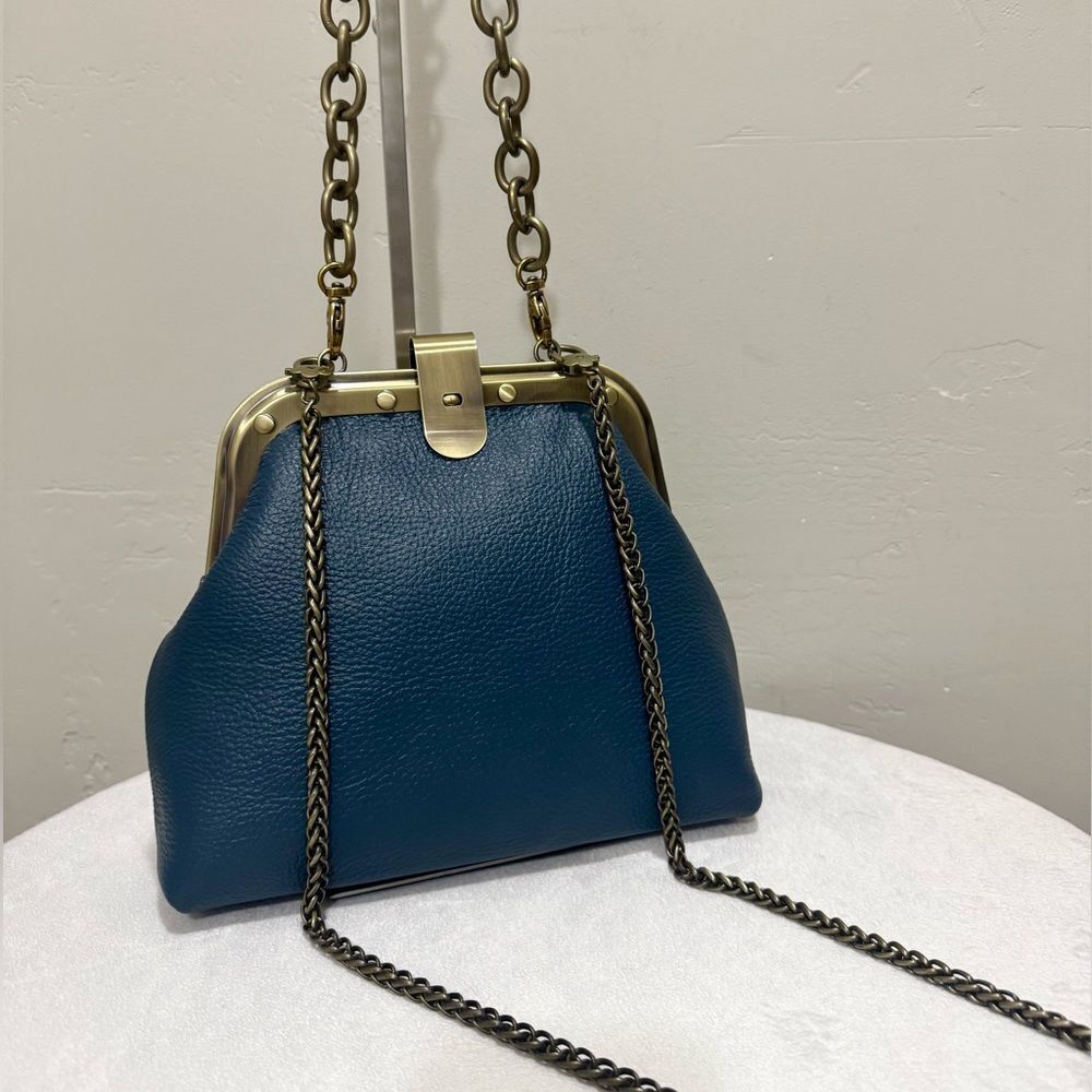 Blue Premium Pebble Leather Handmade Unique Rivet Metal Frame Handbag/Crossbody